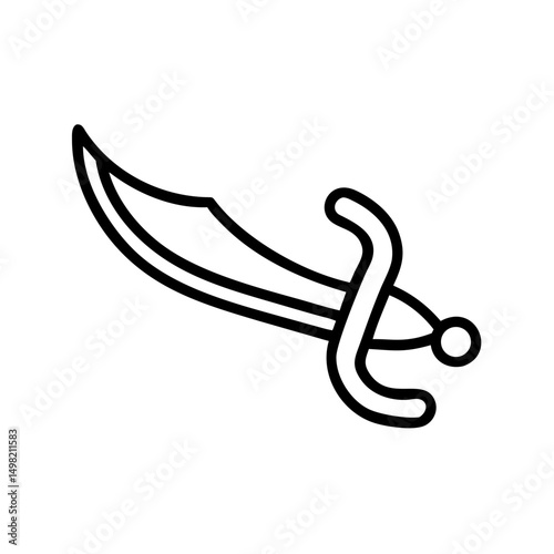 A curved blade with an ornate hilt is displayed in a simple, stylized, and outlined design element here