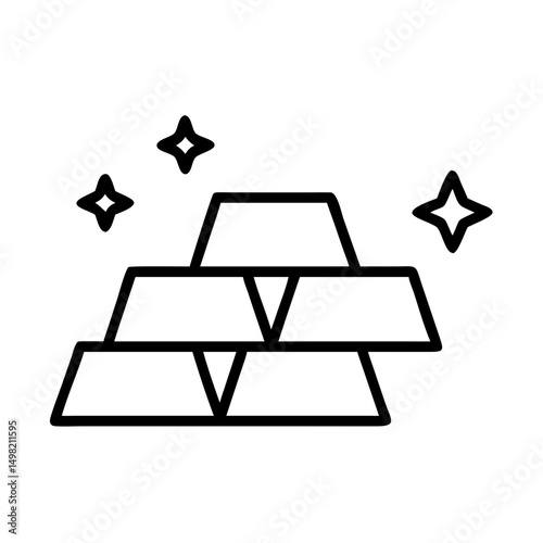 A stack of three precious metal bars with shining stars around it in a simple outline design style