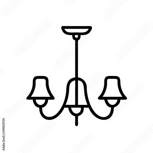 Outline drawing of a hanging light fixture with three lamps and a central support rod design element