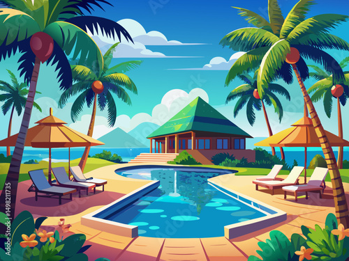 vector of Stunning resort view with swimming pool in Maldives surrounded by palm trees.