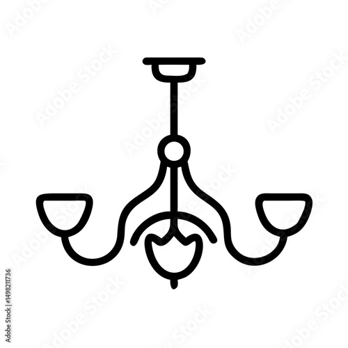 A simplistic drawing of a three bulb hanging light fixture with a tulip shaped center piece design element