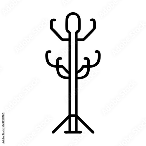 Simple line drawing of a coat tree with multiple hooks and a stable base for storage purposes here