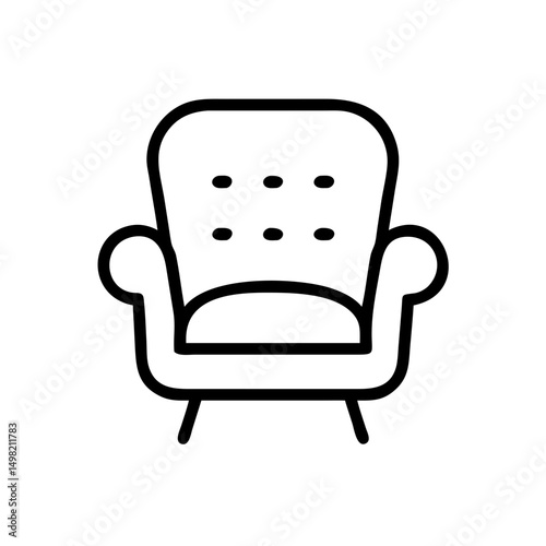 Outline drawing of an upholstered armchair with curved arms and tufted back design, isolated on white