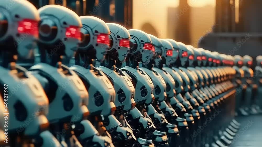 Automated future: A legion of humanoid robots march in perfect alignment