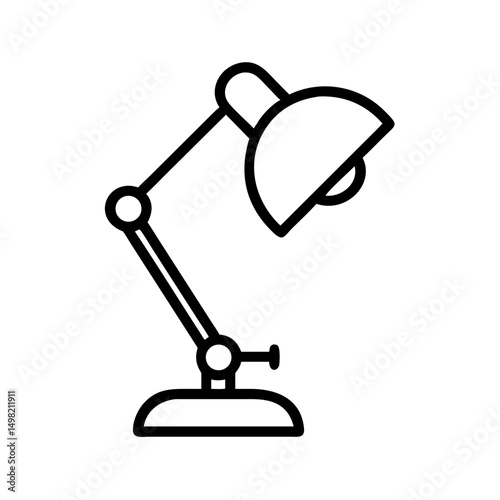 Simple line drawing of a desk fixture with adjustable arm and dome shade for focused task lighting