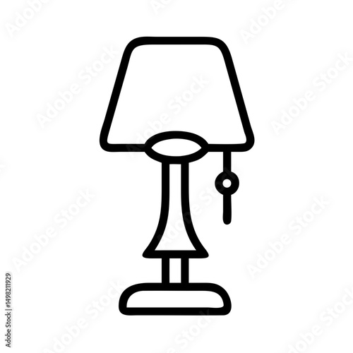 A simple drawing of a bedside fixture with a pull chain and a shade on a white background