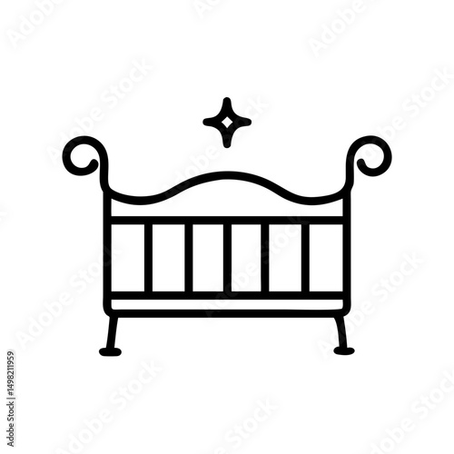 Simple line drawing of a baby cot with a star above it in black and white minimalist style design