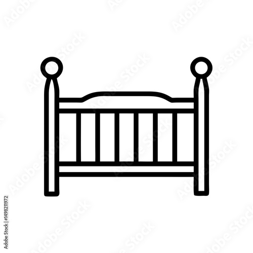 A simple line drawing of a baby cot with rounded posts and vertical bars forming the sides and ends