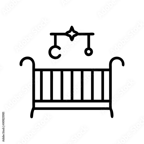 A simple outline drawing of a baby crib with a mobile hanging above it in black and white style