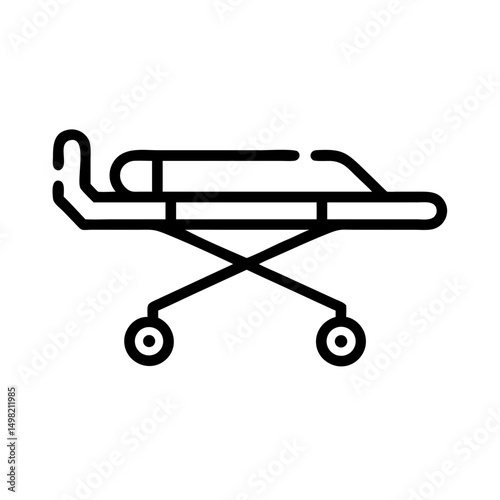 A simple graphic showing a patient on a gurney in a medical environment, black lines on white background