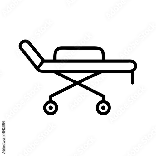 A simple graphic of a medical gurney with wheels and a headrest on a white background design element