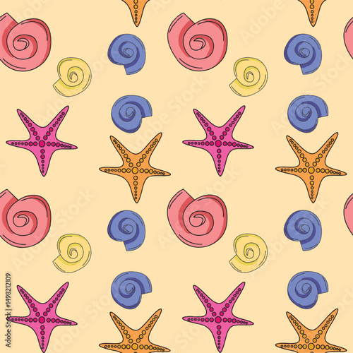 Colorful Pattern With Starfish and Shells On a Light Background