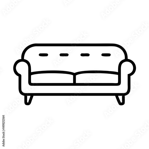 Outline drawing of a two cushion couch with rounded arms and four legs in black and white design