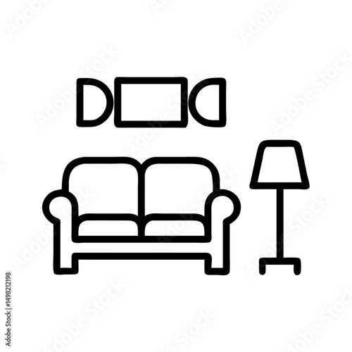 A simple drawing of a couch with a lamp next to it and a piece of art hanging above it all