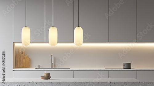 Modern kitchen featuring light fixtures and neutral tones throughout photo