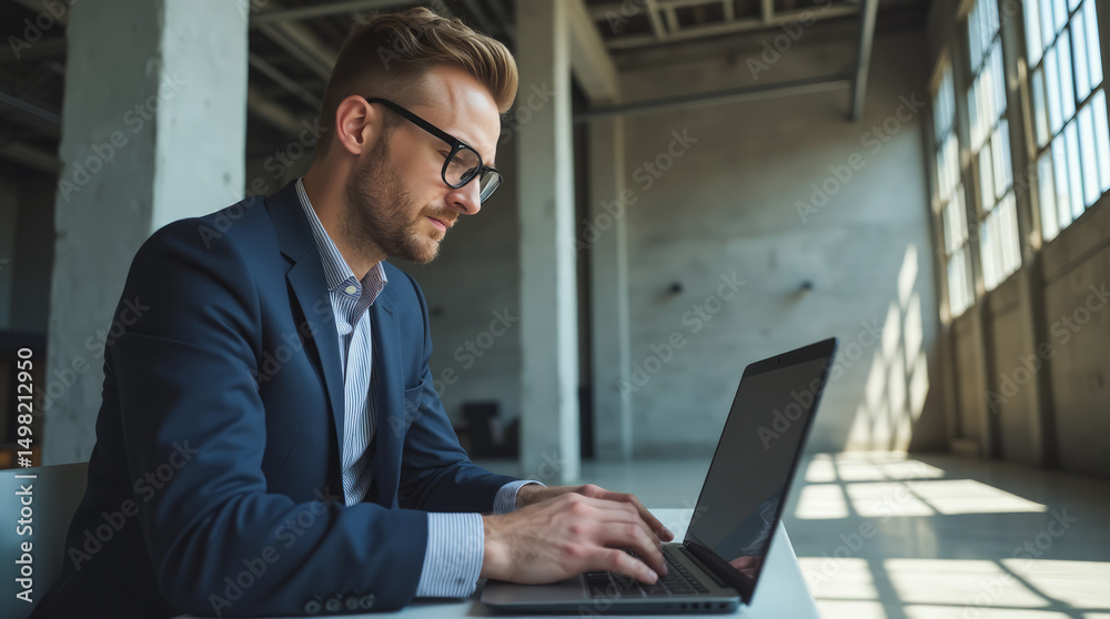 White Man Working on Laptop in Loft Office — Low Angle Shot White Man Working on Laptop in Loft Office — Low Angle Shot