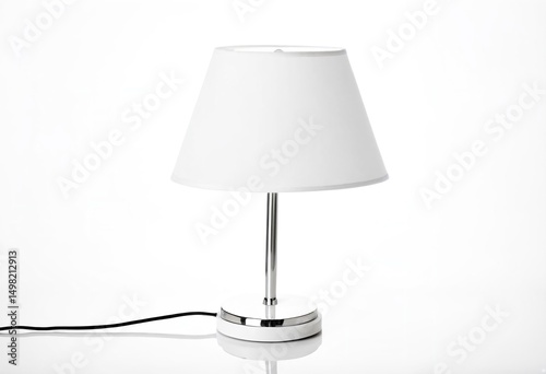 A white table lamp with a black shade on it.