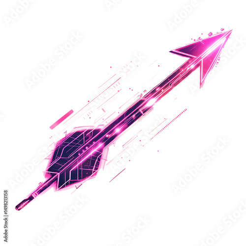 Futuristic Arrow with Digital Motifs in Neon Magenta Isolated on Transparent Background