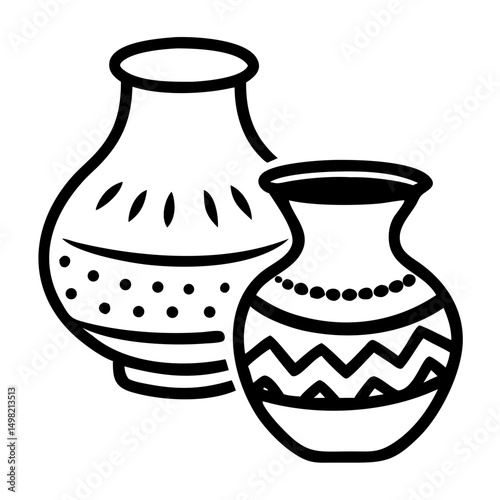 Traditional pottery vases with decorative patterns in black outline  