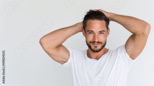 Professional portrait of bearded man with short brown hair, adjusting hair with hands while smiling softly against clean white backdrop photo