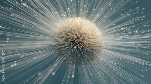 Abstract network of luminous data fibers and glowing particles, light blue background