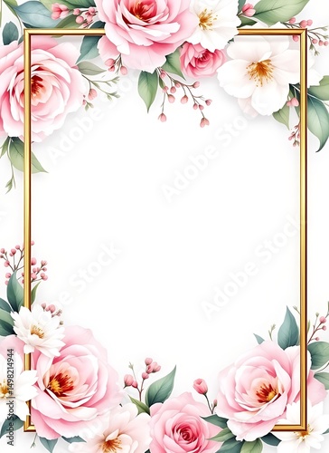 Elegant floral frame with pink roses and white flowers isolated on white background