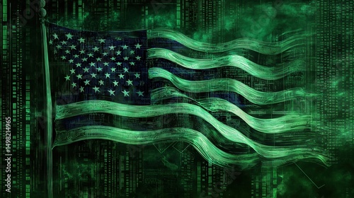 Patriotic American flag in digital Matrix style with flowing green data code