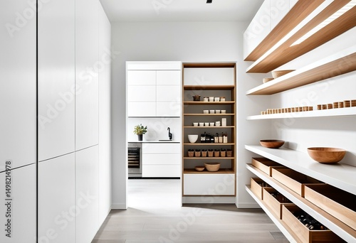 A walk in pantry with white cabinets and wooden shelves.