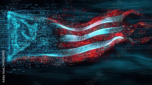 Digital American flag graphic with flowing binary code and vibrant glowing effects