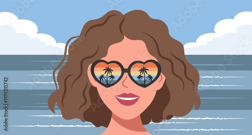 Cute girl wearing heart shaped sunglasses reflecting tropical sunset. Summer time, vacation concept. Travel illustration.