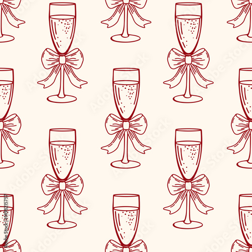 Seamless pattern with elegant champagne glasses with bows. Festive background. Hand drawn sketch illustration.