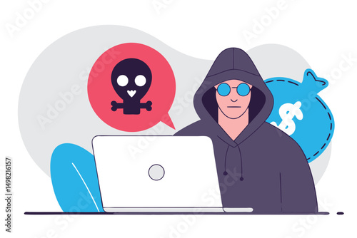 Digital criminal in hoodie with a skull symbol and a stolen money bag concept