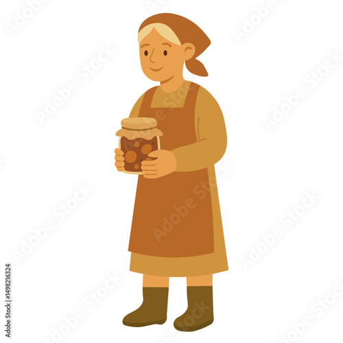 Cartoon woman in apron and headscarf holding jar of homemade preserves, flat vector style.