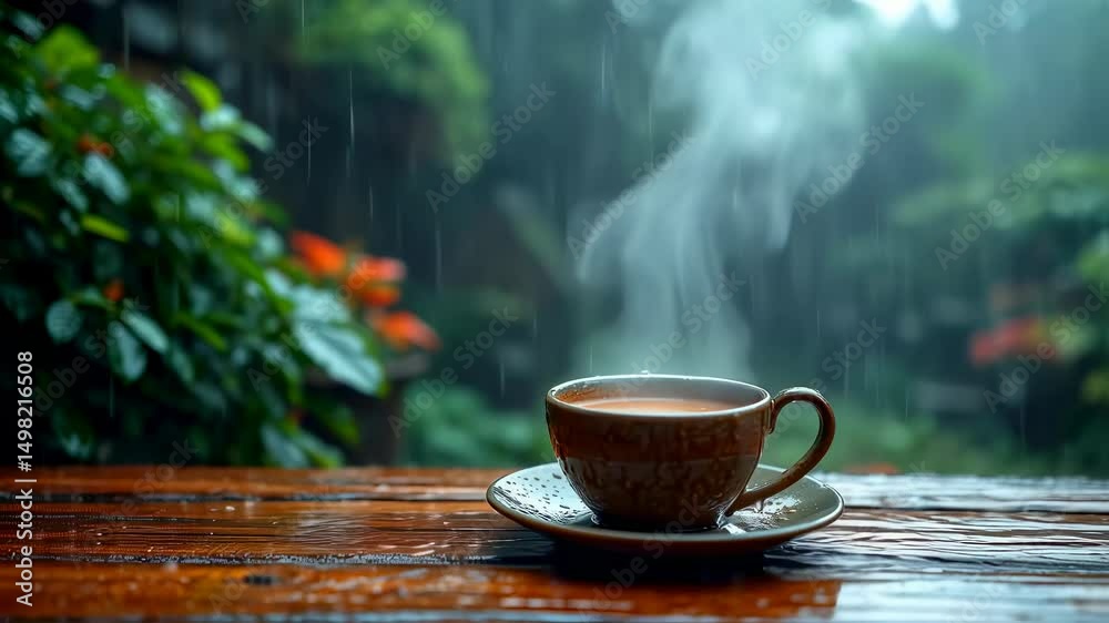 Hot coffee cup on wooden table with steam rising during rain. Cozy beverage for relaxing rainy day mood and peaceful atmosphere.