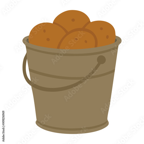 Metal bucket filled with fresh brown potatoes, flat vector illustration for harvest or farm themes.