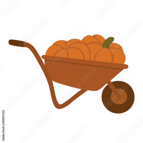 Flat vector illustration of a wheelbarrow loaded with pumpkins, perfect for harvest and autumn themes.