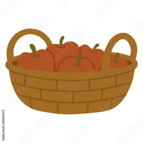 Flat vector illustration of a wicker basket filled with red apples, perfect for autumn harvest designs.