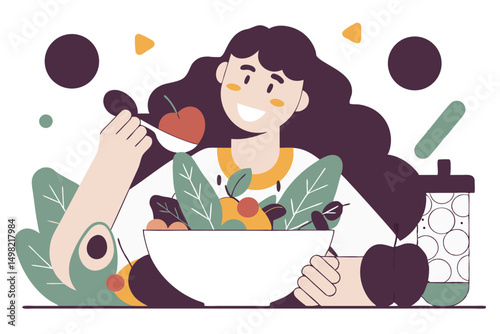 Woman with salad bowl, cheerful flat vector illustration, fitness food, vegan lifestyle, and balanced diet theme