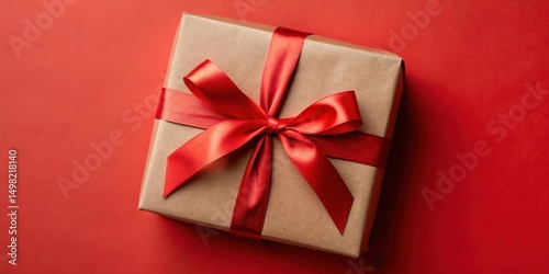 A simple brown gift box adorned with a vibrant red satin ribbon, a classic and timeless symbol of celebration and love.