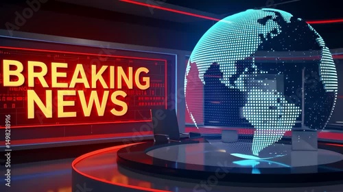 Modern news studio with digital world map backdrop and urgent breaking news banner reflecting dynamic real-time global updates