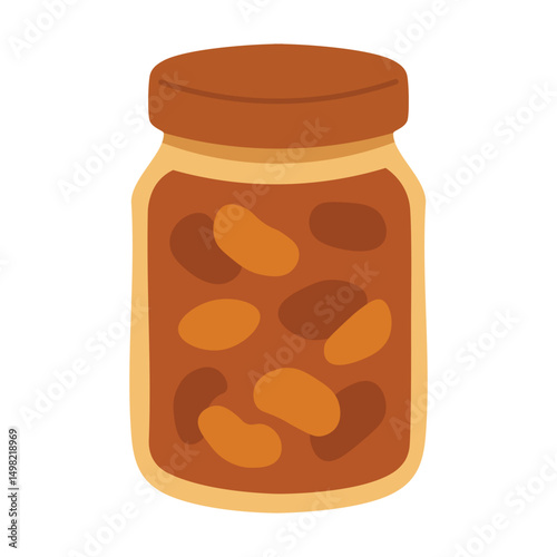 Glass jar filled with preserved beans, flat vector illustration for autumn harvest or farm kitchen theme.