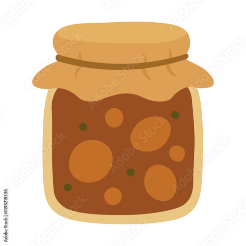 Flat vector illustration of a glass jar with homemade vegetable preserve, rustic harvest food design.