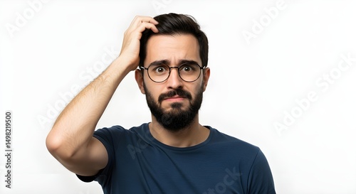 Portrait of confused man with hand on head wearing trendy round glasses on white background