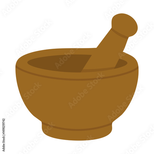 Flat vector illustration of a wooden mortar with pestle for herbs, spices, and cooking design.