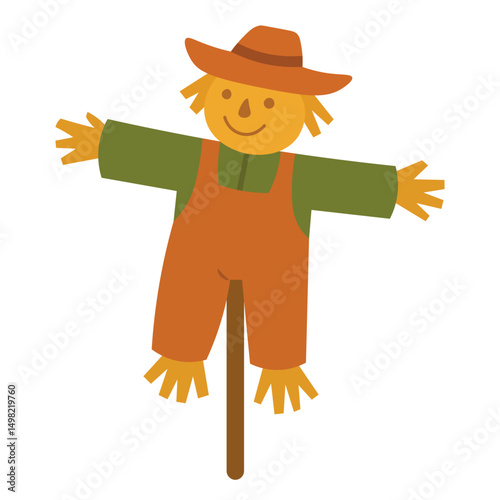 Cute flat vector illustration of a smiling scarecrow in orange overalls and hat on a stick.