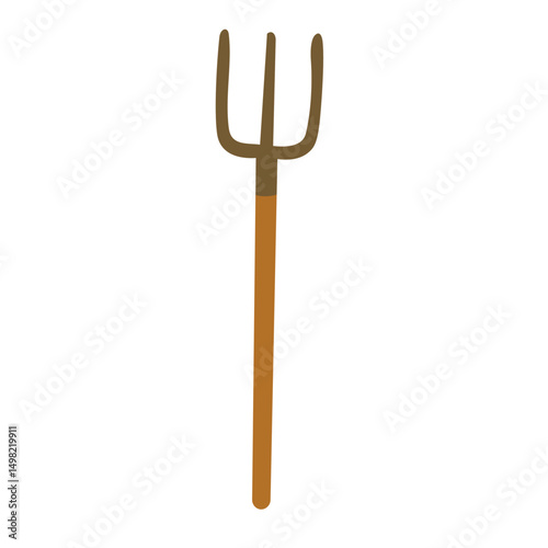 Simple cartoon pitchfork with long wooden handle, isolated vector tool for garden design.