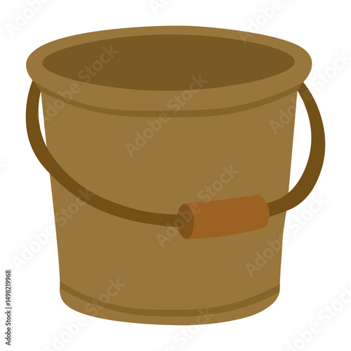 Brown metal bucket with wooden handle, simple farm container in cartoon flat style.