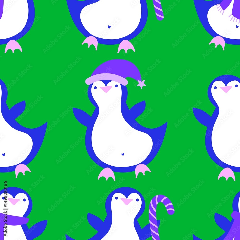 Obraz premium Christmas animals seamless penguin pattern for wrapping paper and fabrics