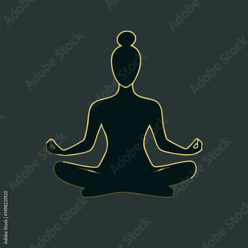 Illustration of person meditating dark green silhouette with a gold accent detail health wellness vector