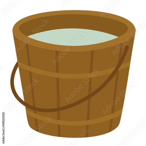 Rustic wooden bucket filled with fresh milk, cartoon vector element for farm or kitchen use.